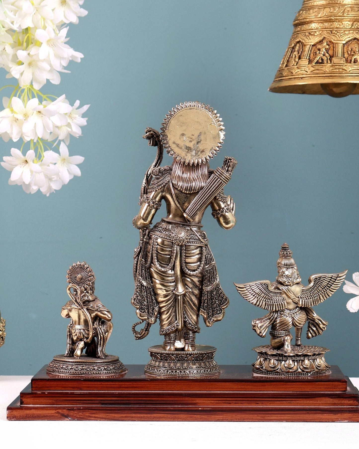 Brass Superfine Lord Rama Statue with Garuda & Hanuman on Wooden Base 12 inch - Budhshiv.com