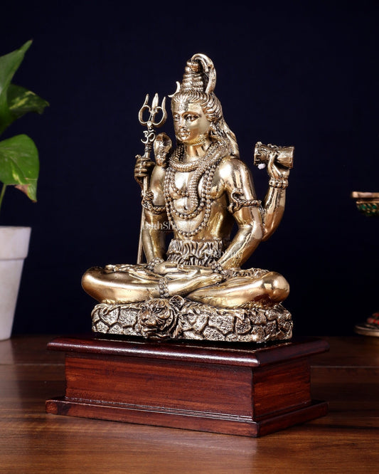 Brass Superfine Lord Shiva in Meditation Statue on Wooden Base – 8.5 Inch - Budhshiv.com