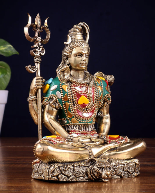 Brass Superfine Lord Shiva Statue – 6 inch with Stonework - Budhshiv.com