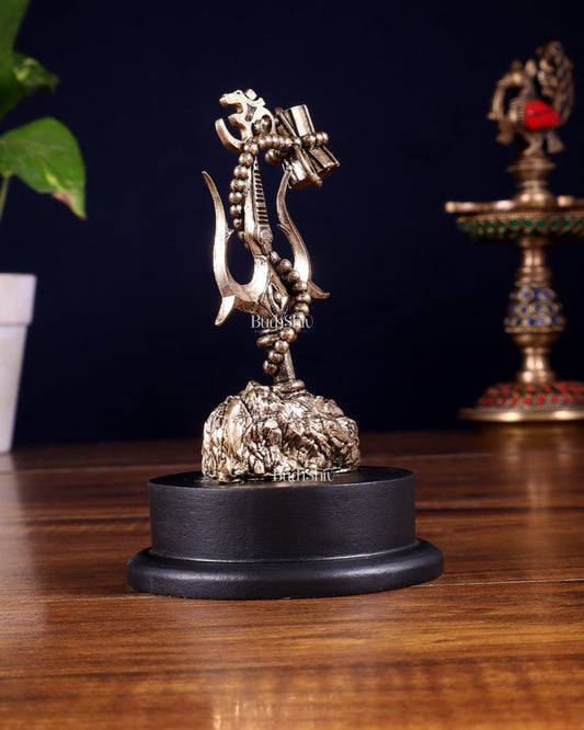 Brass Superfine Lord Shiva Trishul with Damru & Rudraksha Mala on MDF Base – 5 Inch - Budhshiv.com