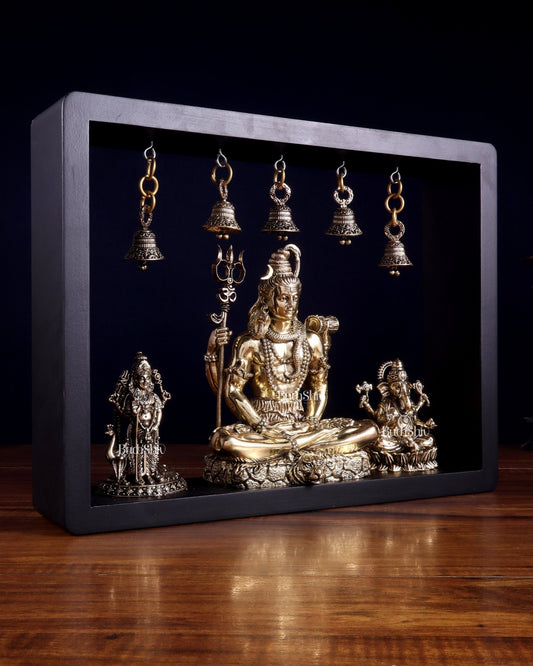 Brass Superfine Lord Shiva with Kartikeya and Ganesha Idol on MDF Frame – An Epitome of Father & Son Bond (11 Inch) - Budhshiv.com