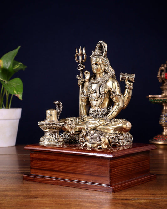 Brass Superfine Lord Shiva with Nandi and Shivling on Wooden Base – 8.5 Inch - Budhshiv.com