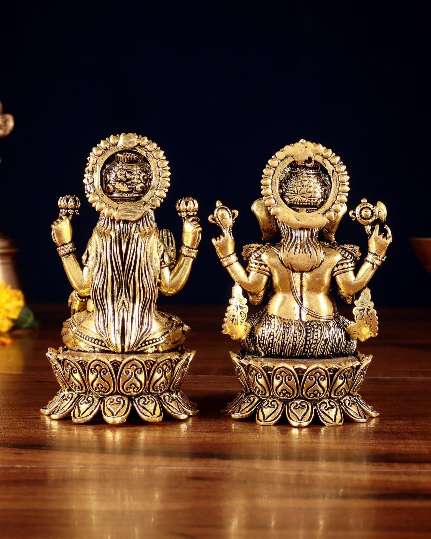 Brass Superfine Miniature Ganesha Lakshmi Duo Lightweight Idols - 4.5" golden tone - Budhshiv.com