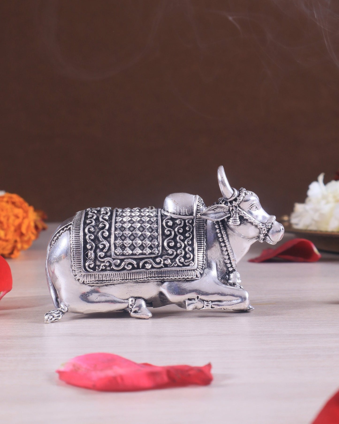 Brass Superfine Miniature Nandi Idol - 4" silver plated - Budhshiv.com