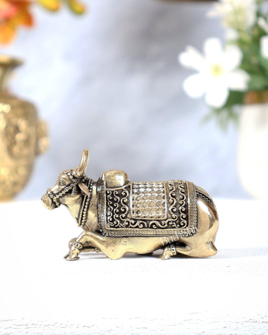 Brass Superfine Nandi Miniature Idol – Compact Shiva Vahan Statue (3 Inches Wide) - Budhshiv.com