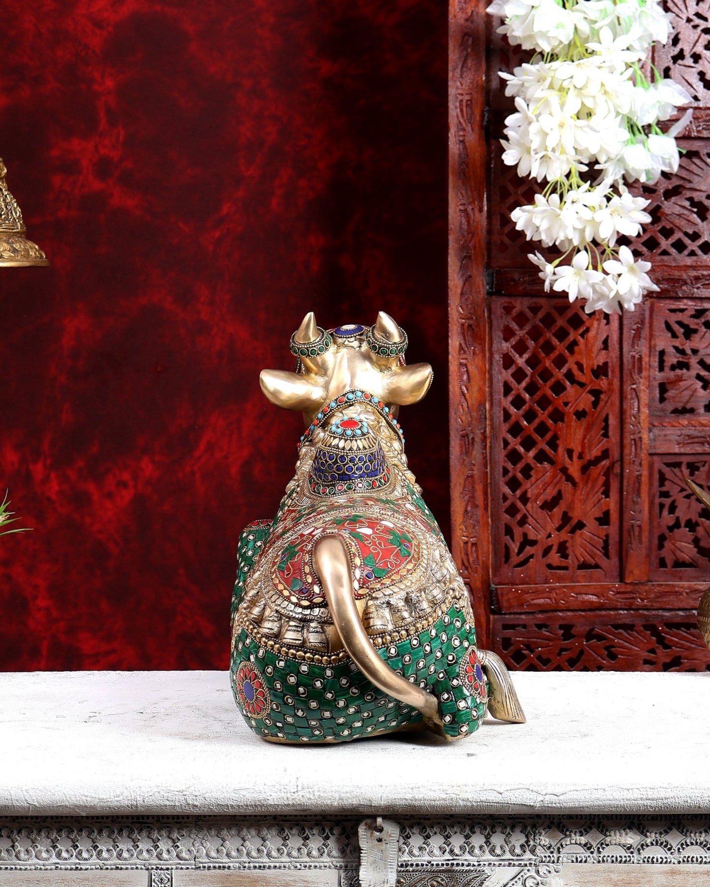 Brass Superfine Nandi Sculpture with Enhanced Carvings 18 inch with Stonework - Budhshiv.com