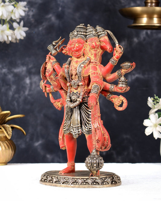 Brass Superfine Panchmukhi Hanuman Idol – 10 Inch Divine Protection Murti Sindoori red tone - Budhshiv.com