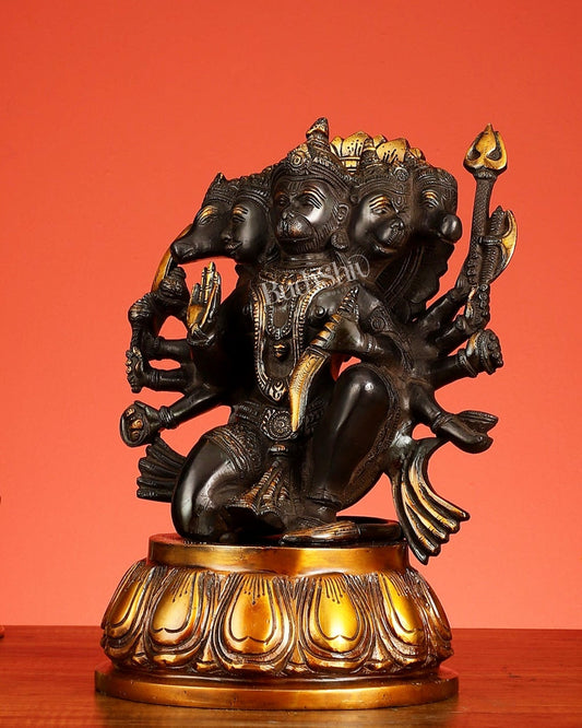 Brass Superfine Panchmukhi Hanuman Idol – Five - Faced Form in Black & Gold Finish 13" - Budhshiv.com