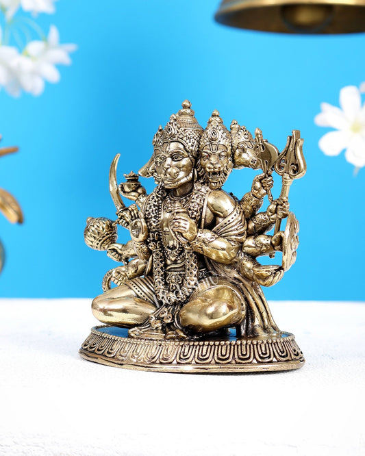 Brass Superfine Panchmukhi Hanuman Idol with Crossed Legs – Highly Detailed Divine Sculpture (5 Inches) - Budhshiv.com