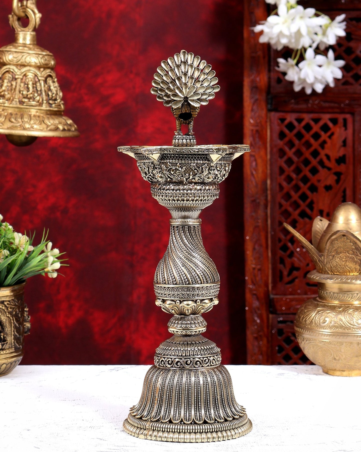 Brass Superfine Peacock Lamp Open Wings | Intricate Carvings | Pure Brass Mayura Diya Temple Oil Lamp 12.5 inch - Budhshiv.com