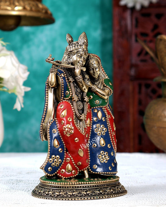 Brass Superfine Radha Krishna Idol – Intricate Carvings Divine Statue (5.5 Inches) meenakari - Budhshiv.com