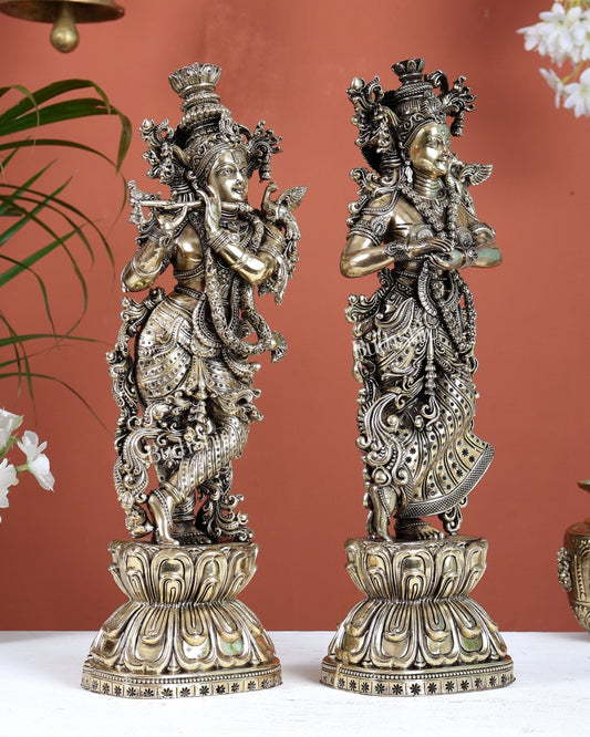 Brass Superfine Radha Krishna Idol Pair – Intricately Handcrafted Divine Sculpture (14.5 Inches) - Budhshiv.com