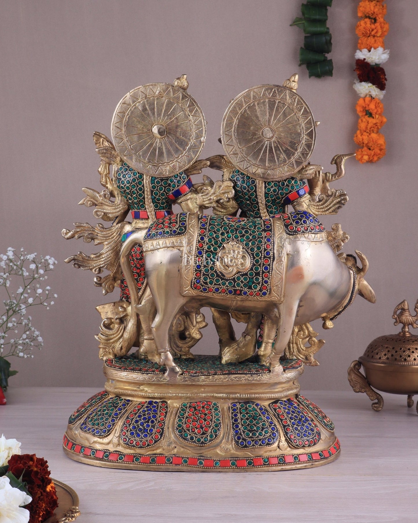 Brass Superfine Radha Krishna with Cow Idol - 16 Inch - Budhshiv.com