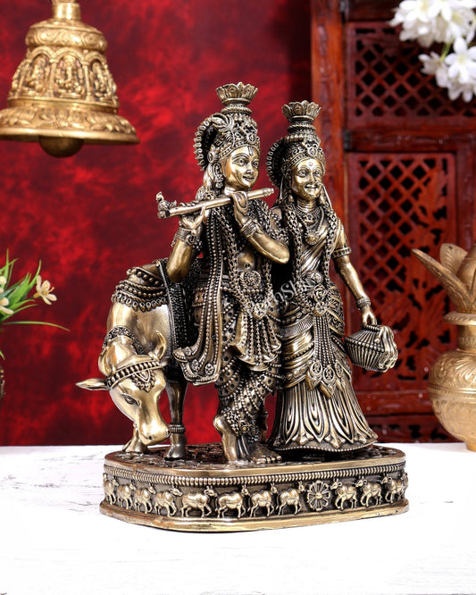 Brass Superfine Radha Krishna with Cow Statue | Highly Detailed 10 inch - Budhshiv.com