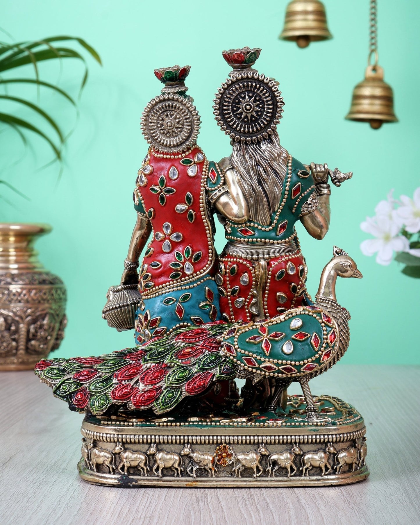 Brass Superfine Radha Krishna with Peacock Idol 8 inch meenakari - Budhshiv.com