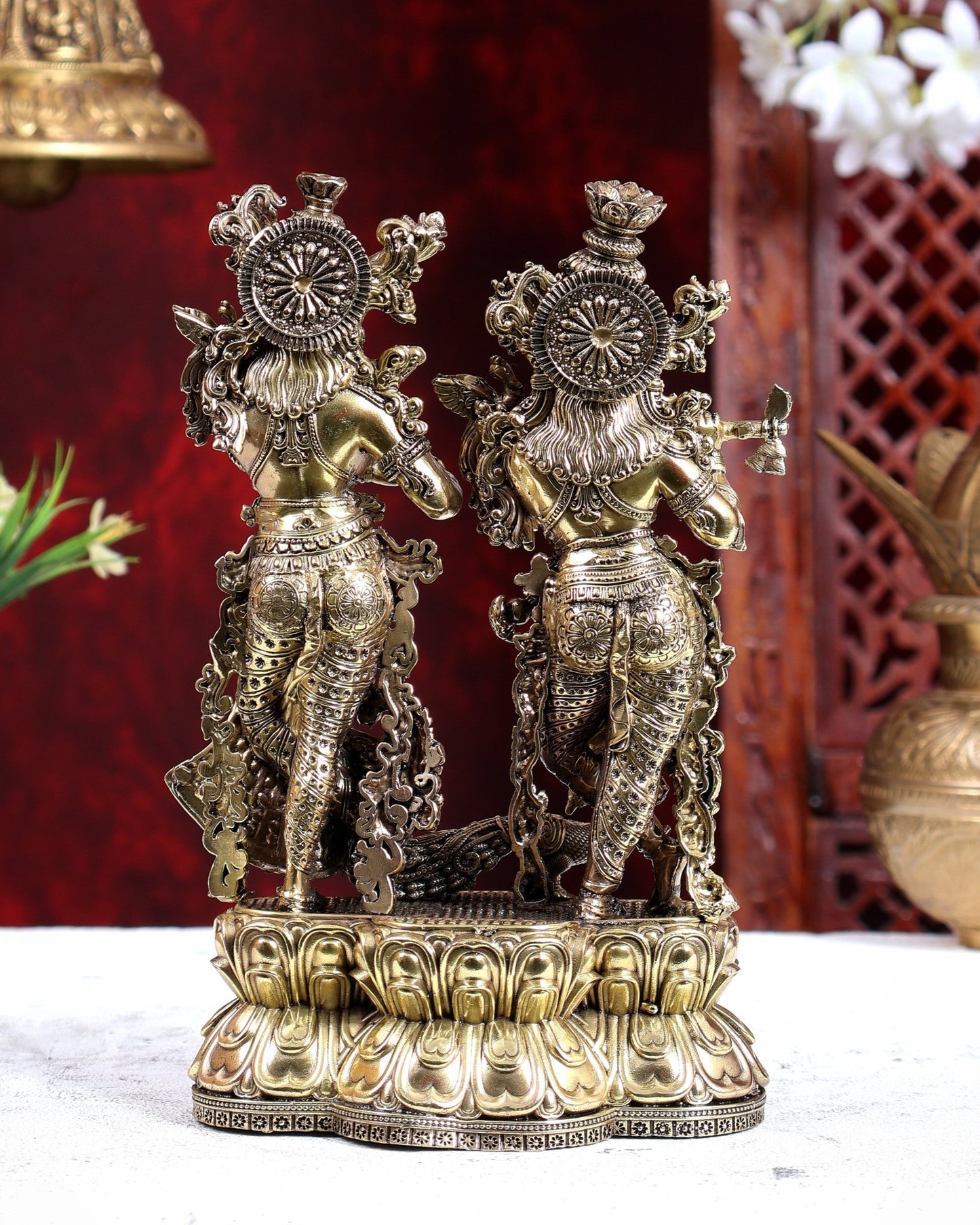 Brass Superfine Radha Krishna with Peacock Idol on Same Base 8 inch - Budhshiv.com