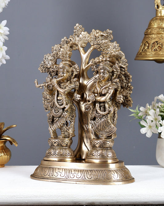 Brass Superfine Radha Krishna with Tree Statue – Matte Finish Divine Sculpture (13.5 Inches) - Budhshiv.com