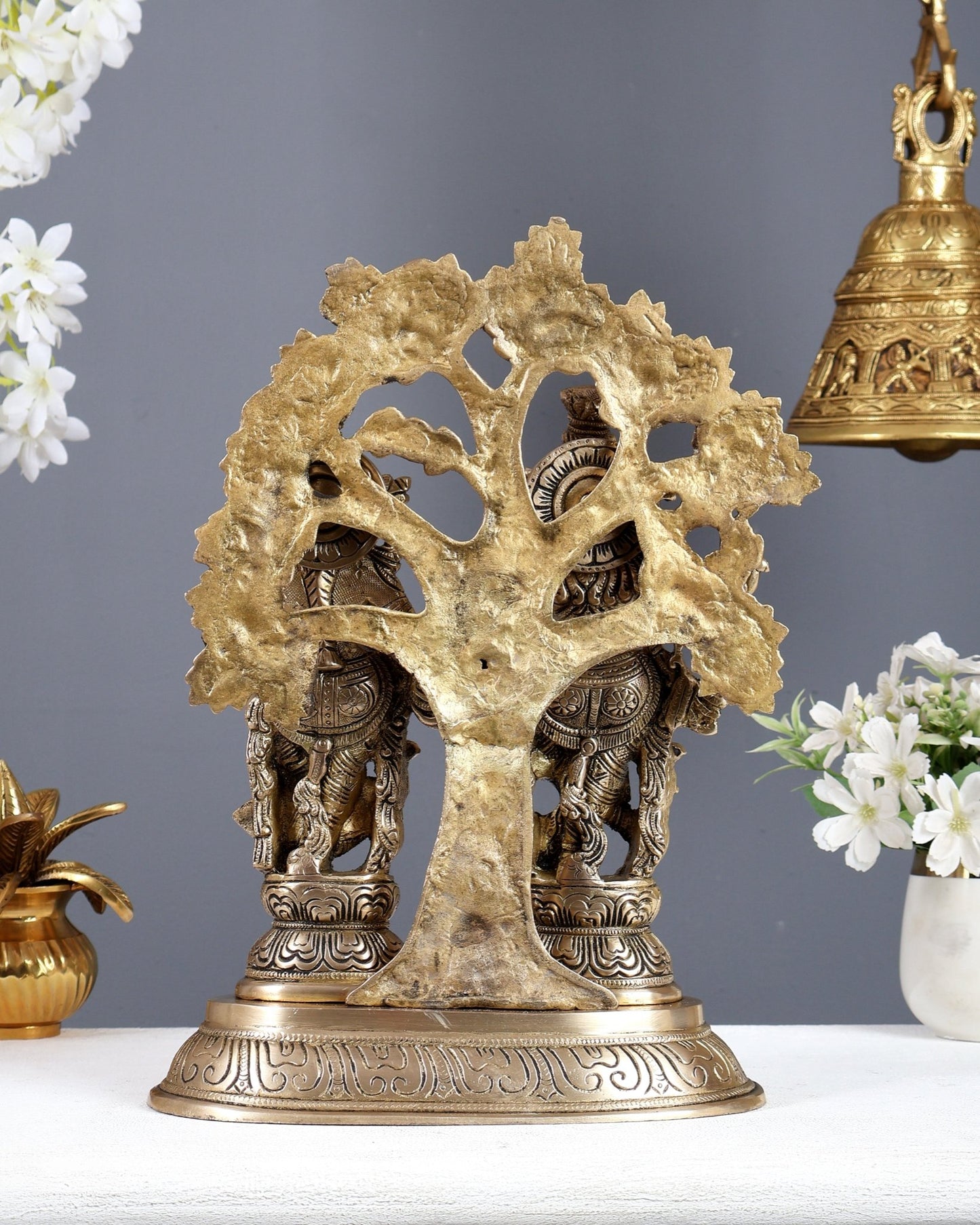 Brass Superfine Radha Krishna with Tree Statue – Matte Finish Divine Sculpture (13.5 Inches) - Budhshiv.com