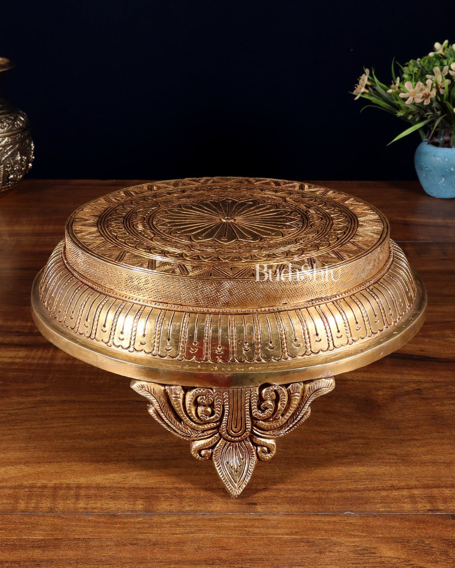 Brass Superfine Round Chowki with Mandala Design β 10.5 Inch - Budhshiv.com