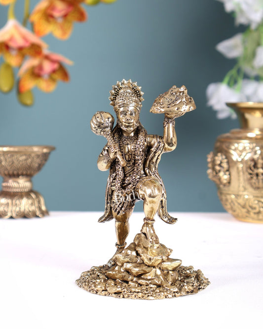 Brass Superfine Sanjeevani Hanuman Idol with Mountain – Divine Strength Statue (6 Inches) - Budhshiv.com