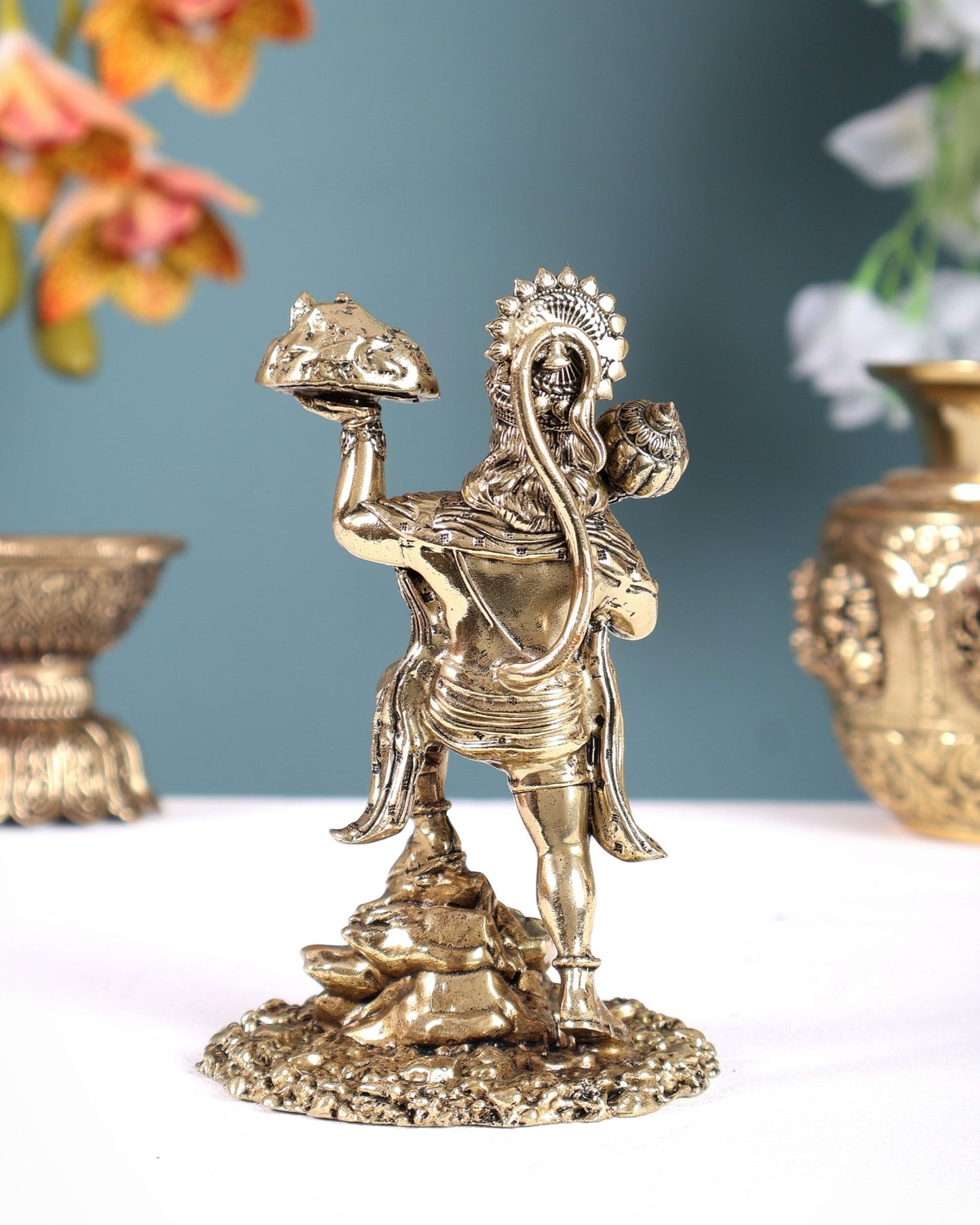 Brass Superfine Sanjeevani Hanuman Idol with Mountain – Divine Strength Statue (6 Inches) - Budhshiv.com