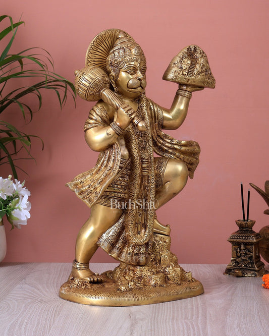Brass Superfine Sanjeevani Hanuman Statue | Lord Hanuman Carrying Mountain Idol (15.3 Inch) - Budhshiv.com