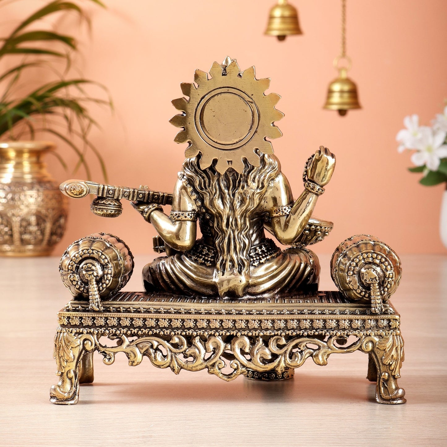 Brass Superfine saraswati on throne idol 4 and 5.5 inch - Budhshiv.com