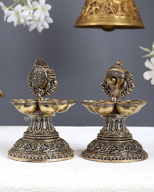 Brass Superfine Shankh Chakra Oil Lamp Panchdeepam Pair – Sacred Diya Set (5 Inches Each) - Budhshiv.com
