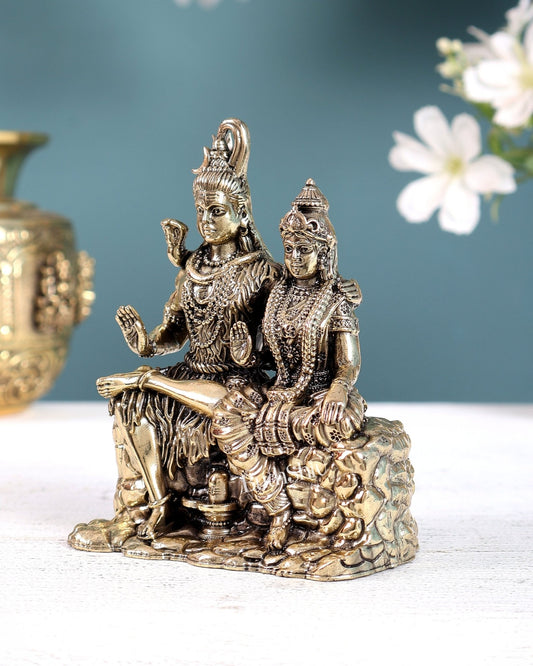 Brass Superfine Shiv Parvati Idol – Intricately Carved Divine Couple Sculpture (4.2 Inches) - Budhshiv.com