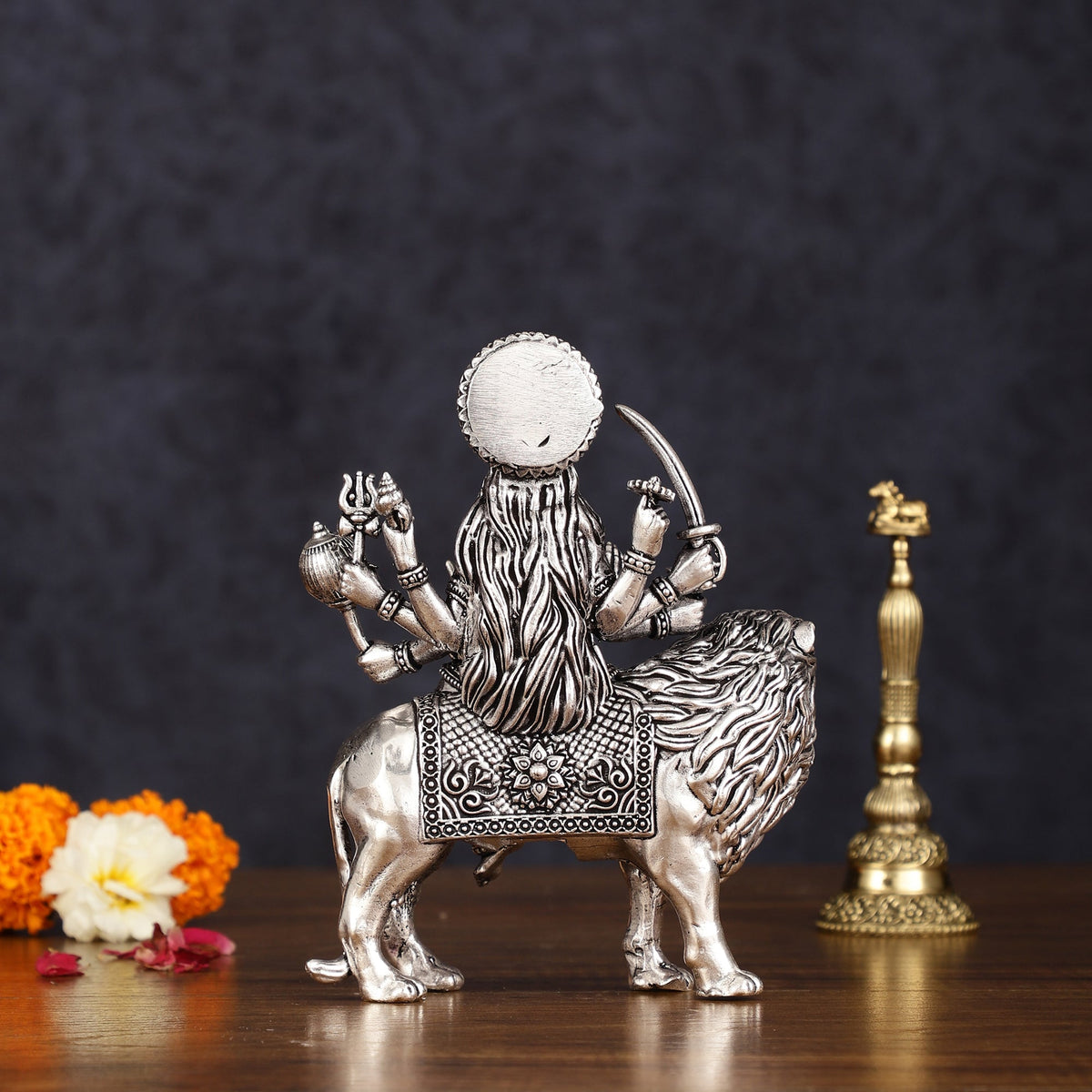 Brass Superfine silver plated Goddess Durga Ambe Mata Sitting on Lion - 6" - Budhshiv.com