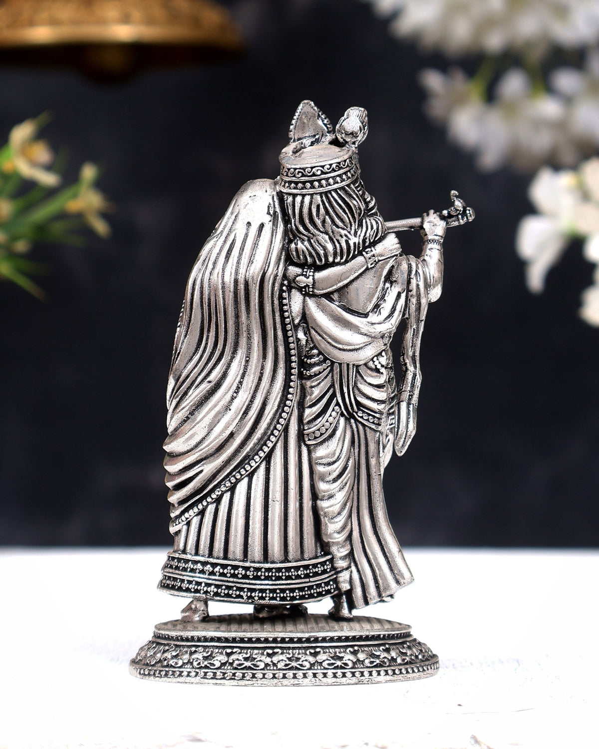Brass Superfine silver plated Radha Krishna Together Idols – Intricately Carved 4" (Copy) - Budhshiv.com