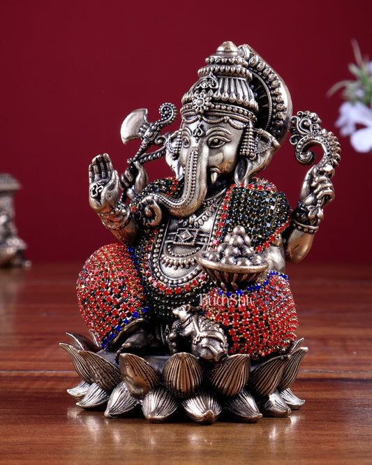 Brass Superfine Small Right trunk Ganesha Idol with jewellers meenakari - 5" Tall - Budhshiv.com