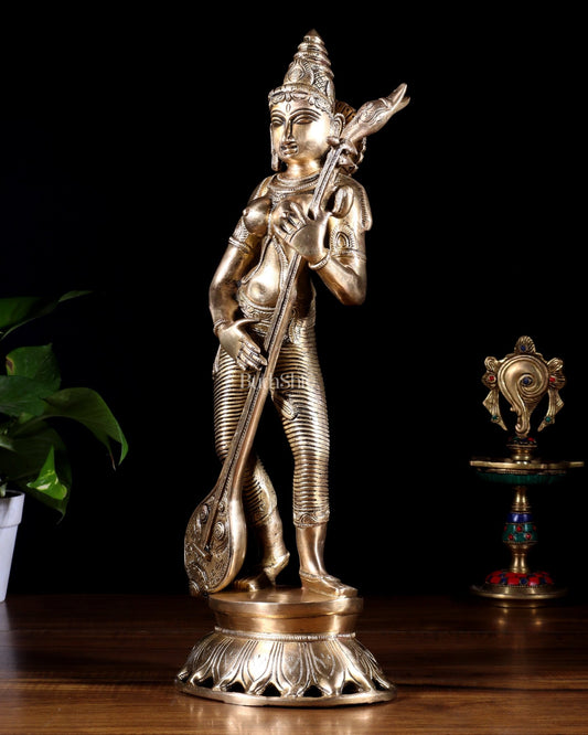 Brass Superfine Standing Goddess Saraswati Idol – 18" Height, Unique Design - Budhshiv.com