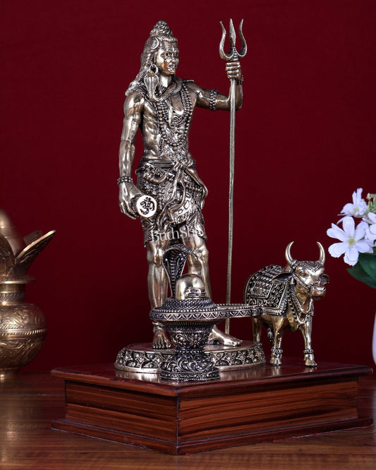 Brass Superfine Standing Lord Shiva with Nandi & Shiv Ling on Wooden Base - Budhshiv.com