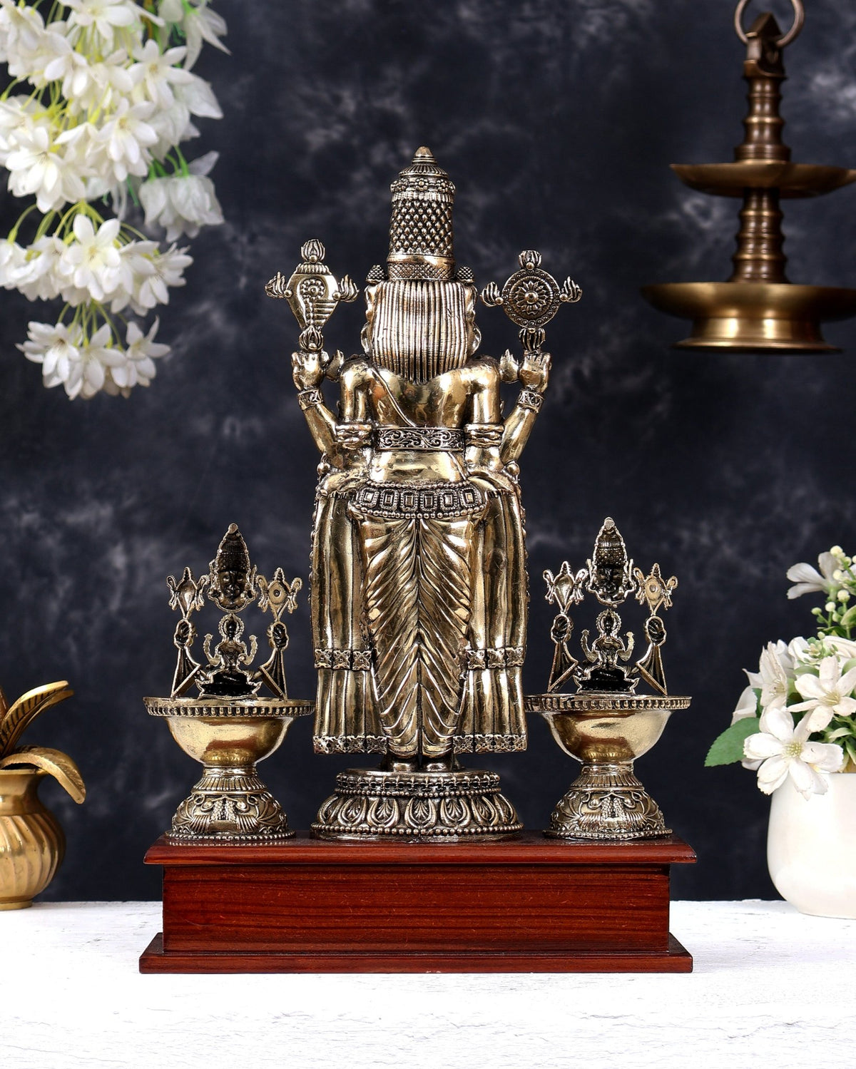 Brass Superfine Tirupati Balaji with Dual Lakshmi Diyas on Wooden Base 14 inch - Budhshiv.com