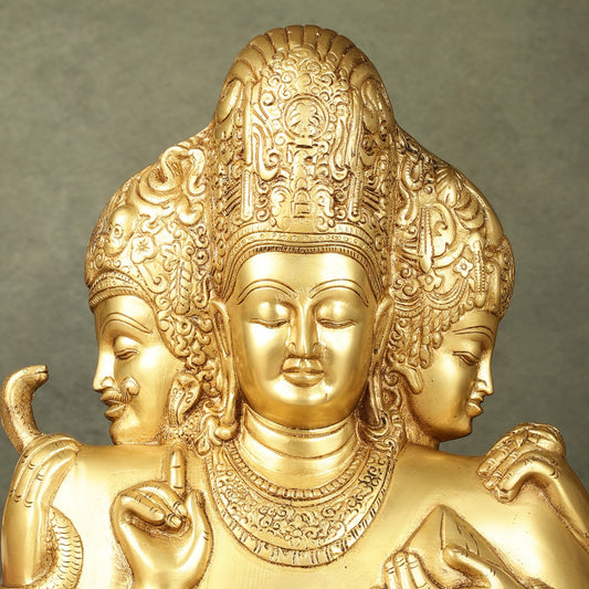 Brass Superfine trimurti Brahma, Vishnu, Mahesh Bust table accent - 9.5 Inch - Budhshiv.com