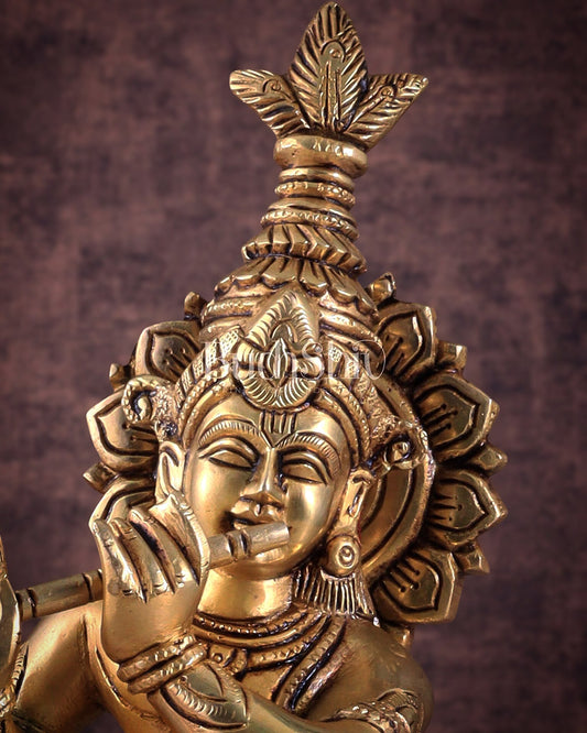 Brass Superfine Unique Lord Krishna Playing the Flute Idol 12" - Budhshiv.com