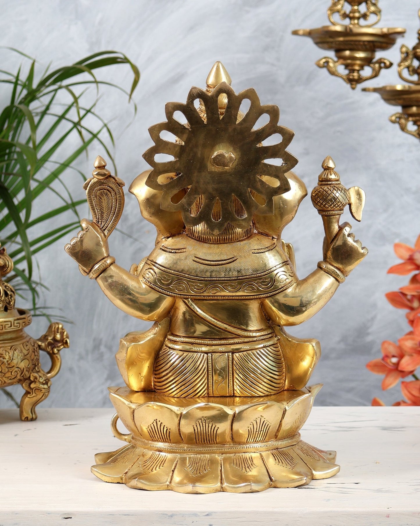 Brass Superfine Valampuri Dakshinavarti Ganesha Statue on Lotus | Right Trunk Ganapati Idol 14" - Budhshiv.com