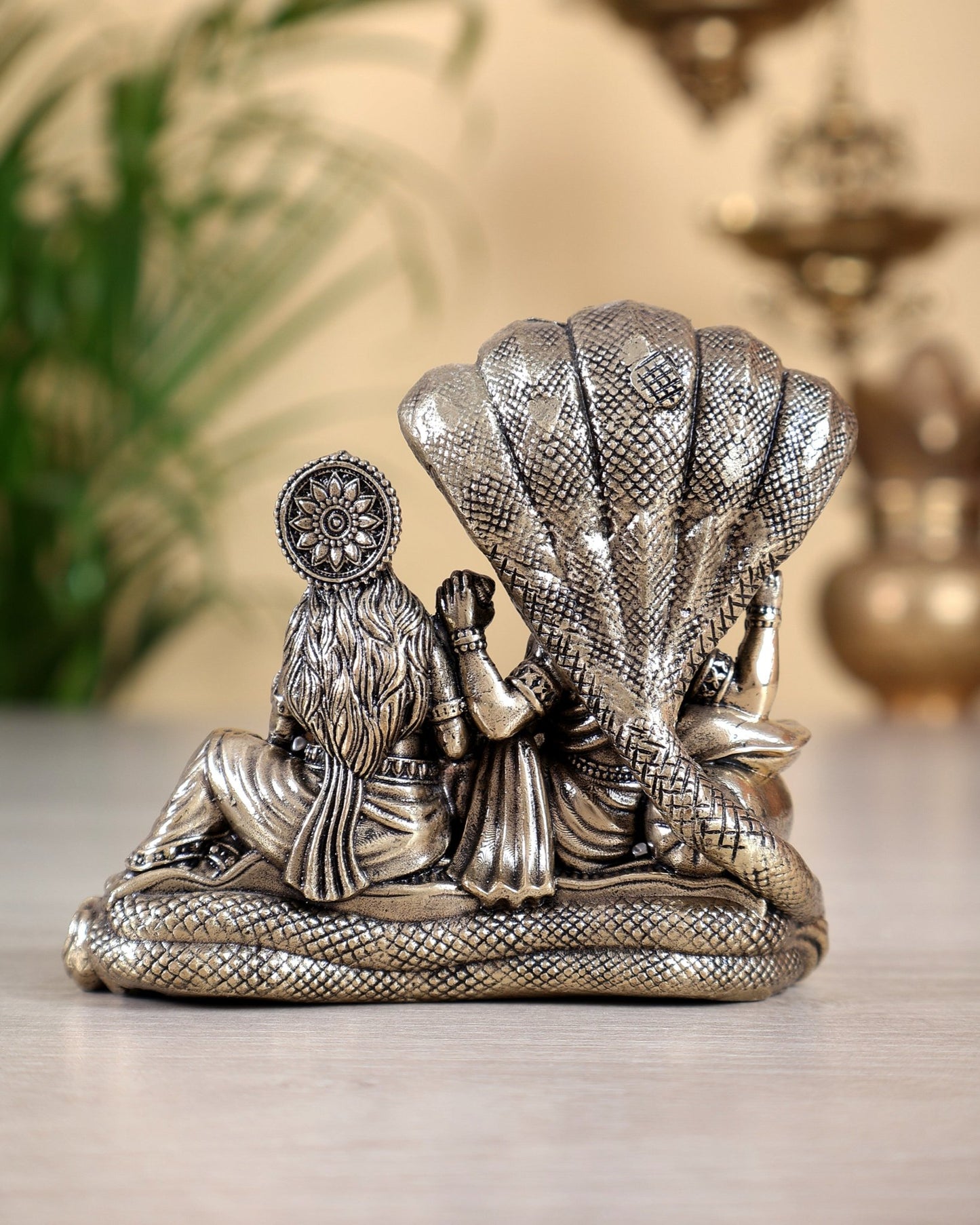 Brass Superfine Vishnu Lakshmi narayan Resting on Sheshanaag Idol 3 inch - Budhshiv.com