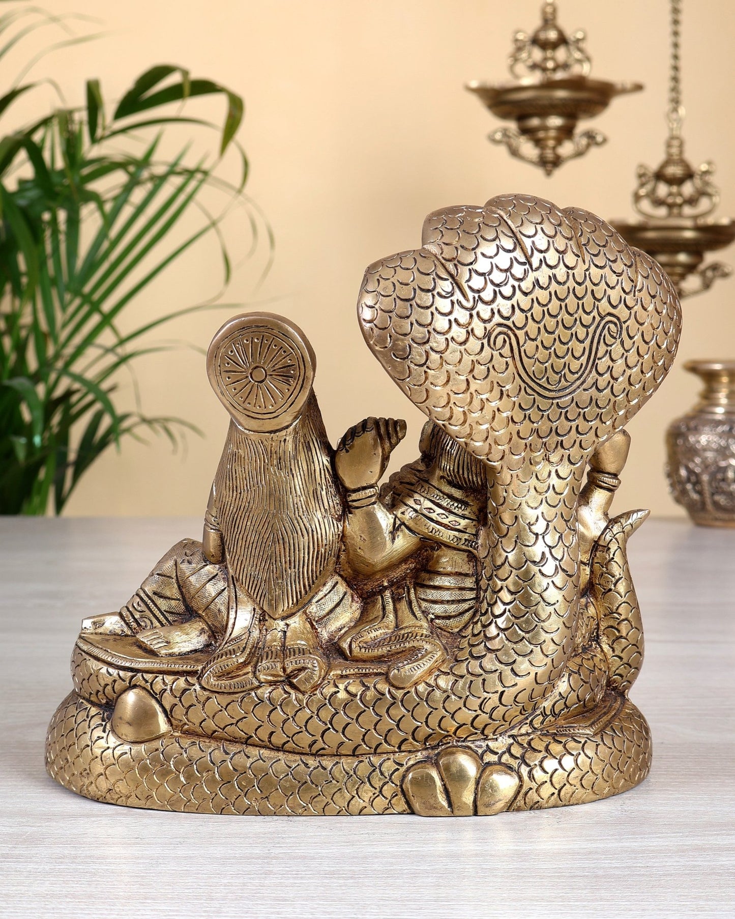 Brass Superfine Vishnu Lakshmi on Sheshanaag Idol - 7.5" Height - Budhshiv.com