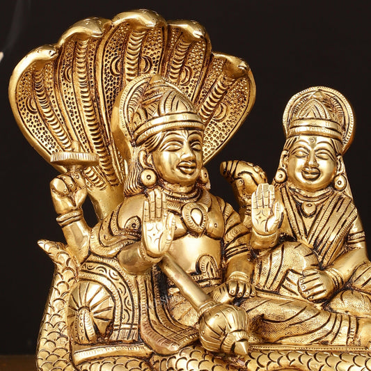 Brass Superfine Vishnu Lakshmi on Sheshanaag Idol - 7.5" Height - Budhshiv.com