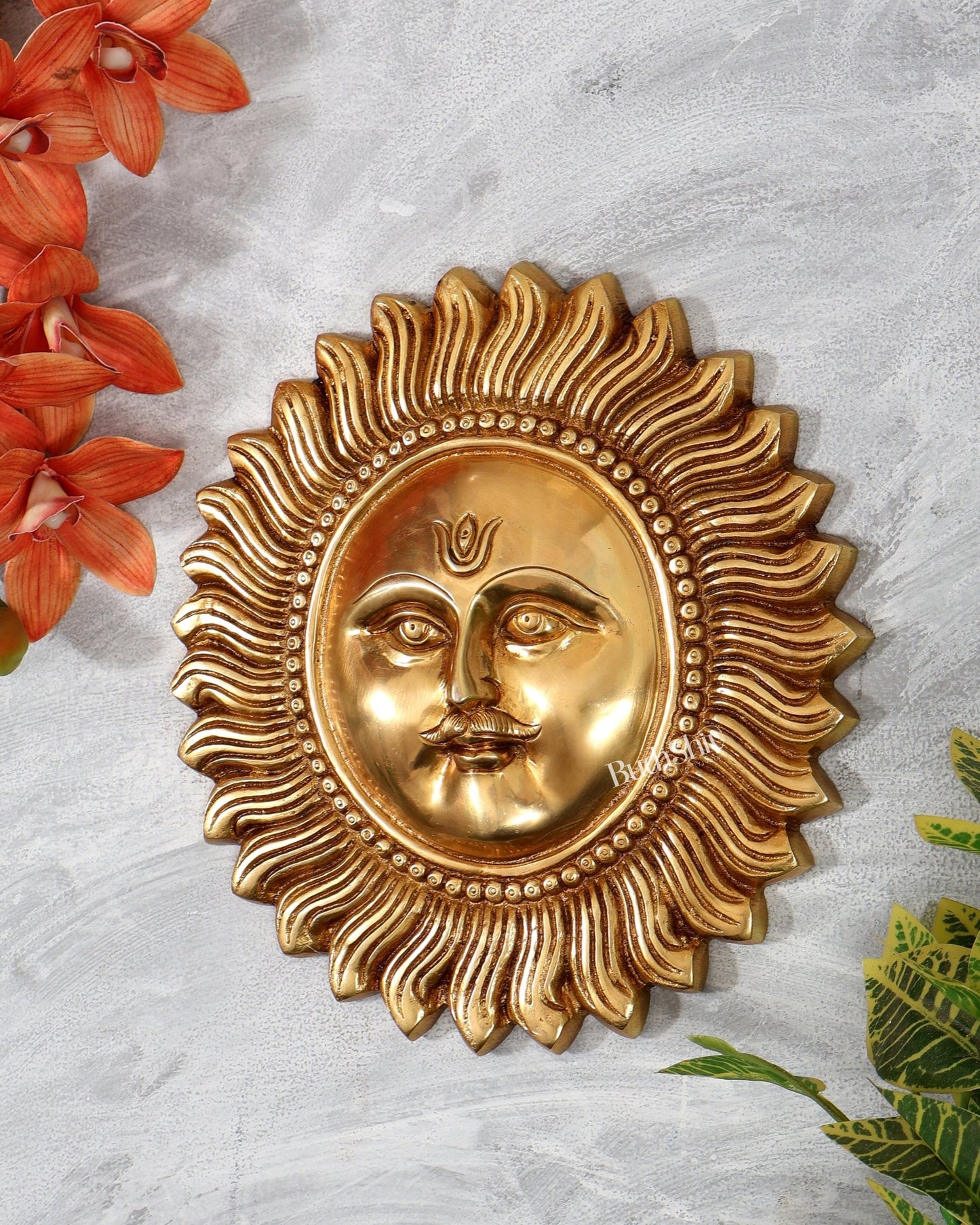 Brass Surya Dev Sun Wall Hanging with Moustache – Decorative vasth Sun God (9 Inches) - Budhshiv.com