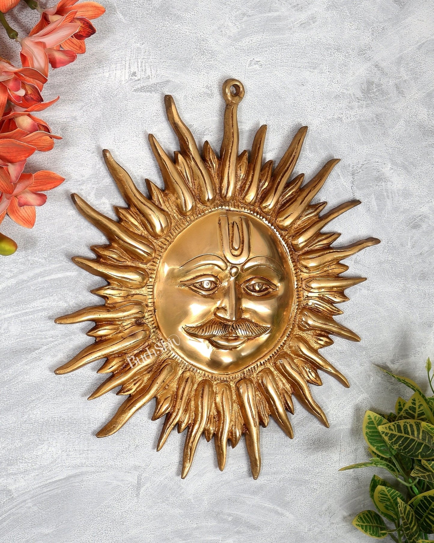Brass Surya Dev Wall Hanging – Majestic Sun God Face with Moustache (15 Inches) - Budhshiv.com