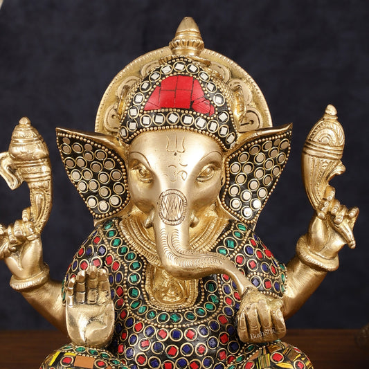 Brass Taj Ganesha Idol with Stonework - 8" Height, Divine Artistry - Budhshiv.com