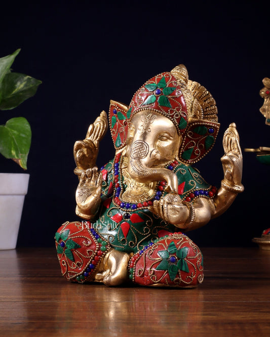Brass Taj Ganesha Idol with Stonework | Height 7 inch - Budhshiv.com