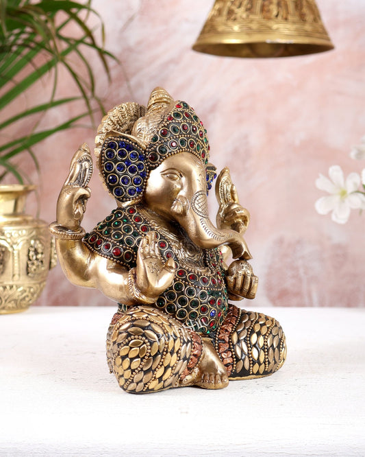 Brass Taj Ganesha with jewels Idol | Height 7 inch - Budhshiv.com