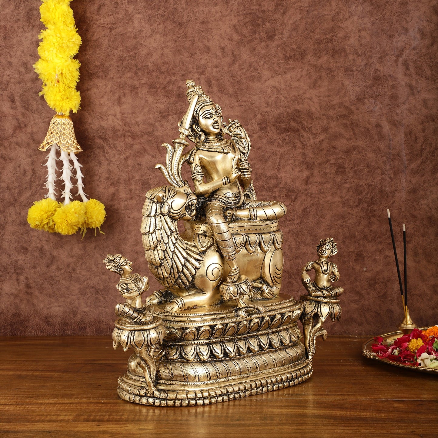Brass Tara Devi Seated on a Lion Idol - Buddhist sculpture 16" | rare find - Budhshiv.com