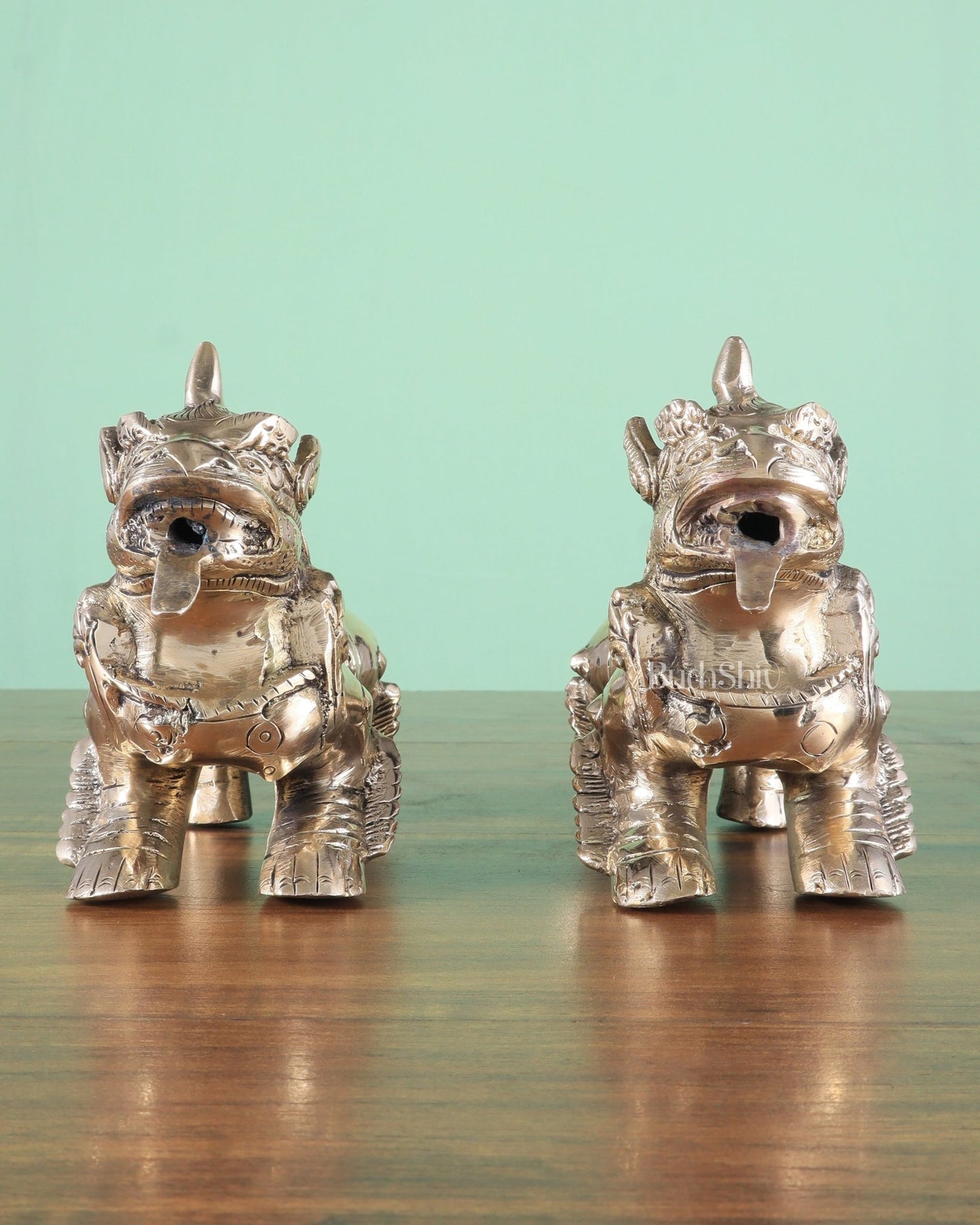 Brass Tibetan Foo Dogs Statue - Glossy Tone (Pair) - Budhshiv.com