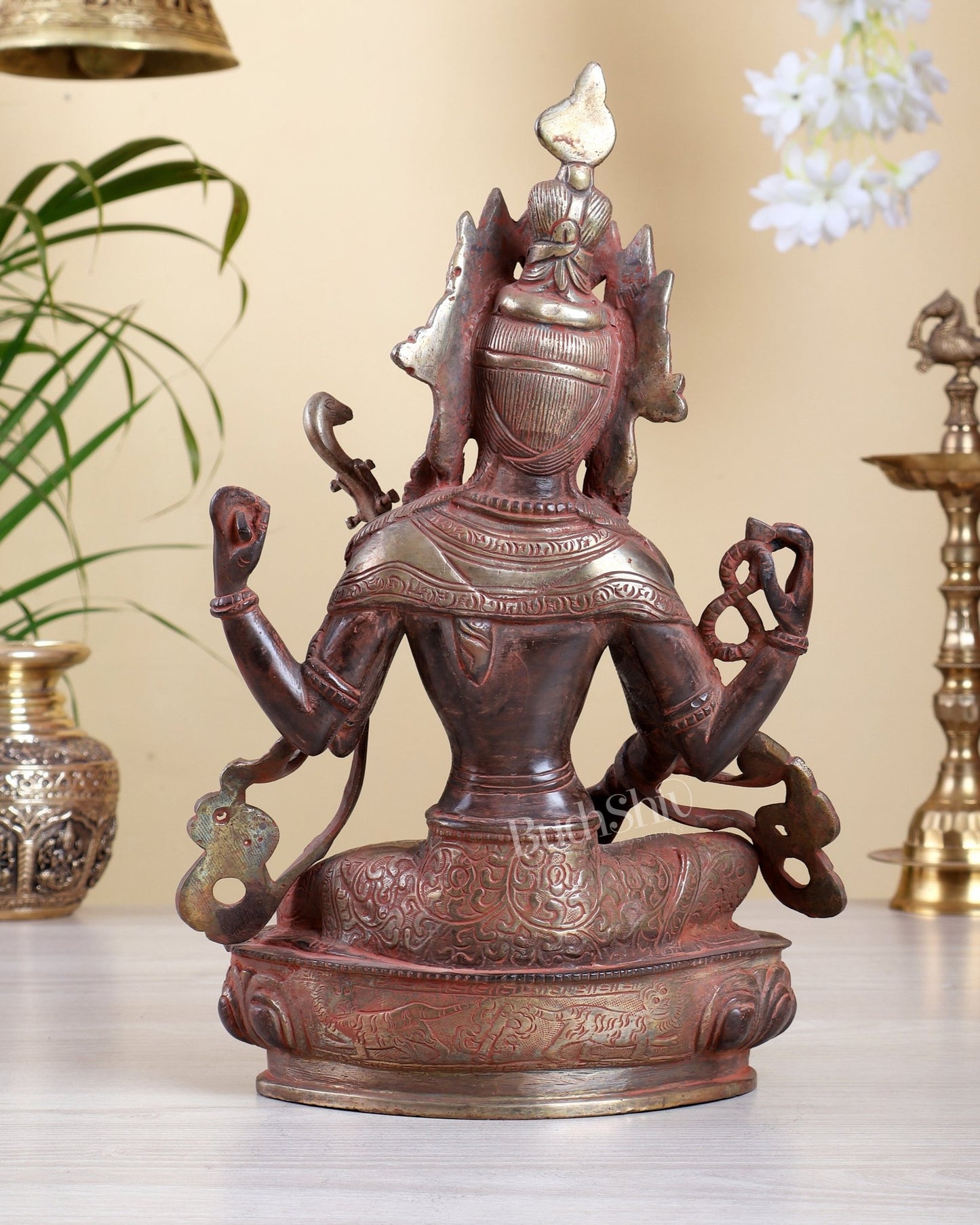 Brass Tibetan Saraswati Statue – Red Sand Finish with Silver Tone Accents 12" - Budhshiv.com