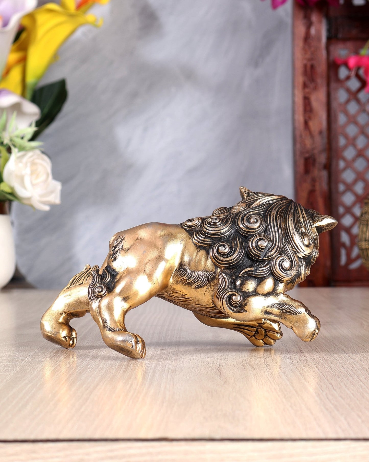 Brass Tibetan Snow Lion Showpiece – Handcrafted Auspicious Guardian Sculpture - Budhshiv.com